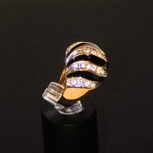 Size 7 Vintage Signed 18K HGE Statement Cocktail Ring Striped CZ's, Black Enamel